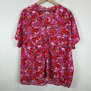 Jodifl Top Women M Pink Red Floral‎ Ditsy V-Neck Short Sleeve Blouse Bloomcore